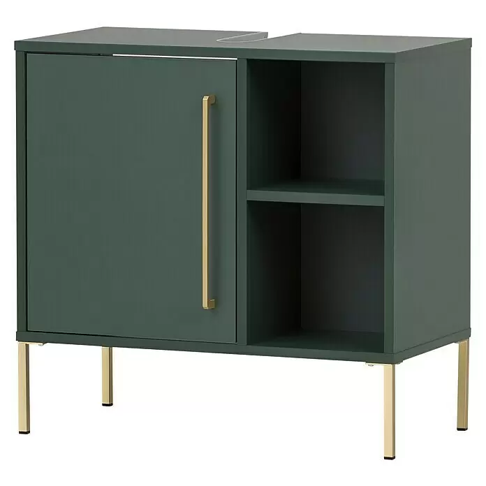 Schildmeyer Kent Waschtischunterschrank - 65,3 x 33,1 x 63,3 cm, Waldgrün, Matt - Dunkelgrüner Waschtischunterschrank mit goldfarbenen Beinen und Griff.