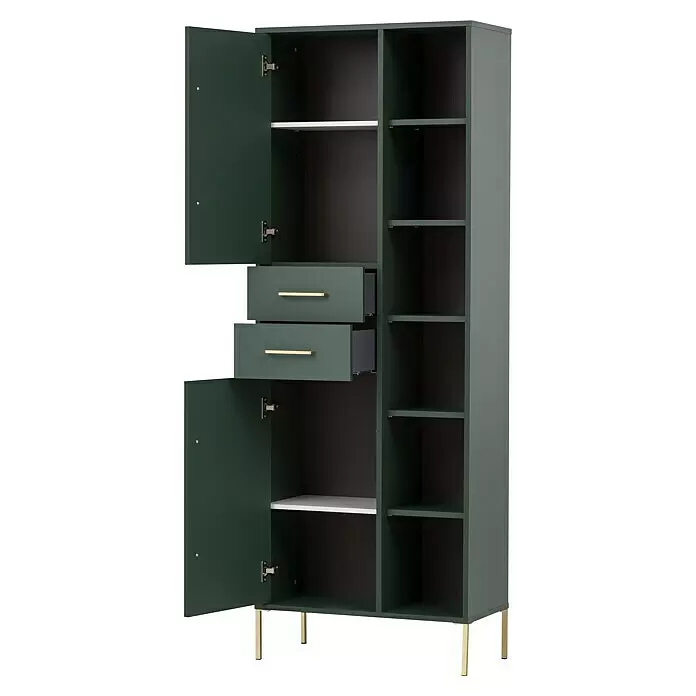 Schildmeyer Kent Hochschrank - 67,1 x 33,1 x 184,3 cm, Waldgrün, Matt - Dunkelgrüner Schrank mit zwei offenen Türen, zwei Schubladen mit goldfarbenen Griffen, offenen Fächern und Goldfüßen. Mit weißem Innenboden.