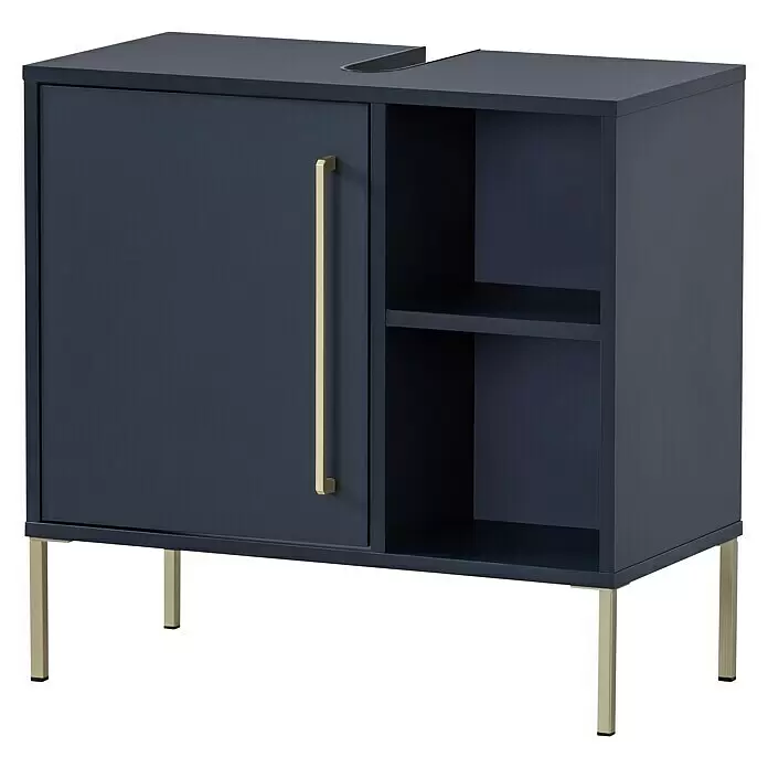 Schildmeyer Kent Waschtischunterschrank - 65,3 x 33,1 x 63,3 cm, Nachtblau - Dunkelblauer Waschtischunterschrank mit goldenen Beinen und Griff, Spülausschnitt, Schrank und offenen Regalen.