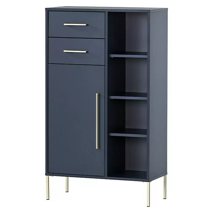 Schildmeyer Kent Highboard - 67,1 x 33,1 x 117,4 cm, Nachtblau - Dunkelblauer Schrank mit zwei Schubladen, einer Tür und offenen Fächern. Mit goldenen Griffen und Beinen.