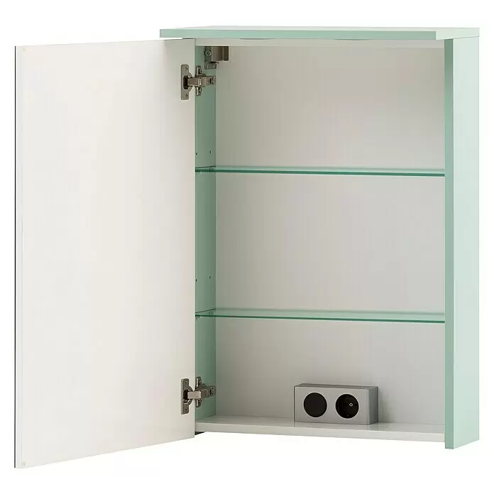 Schildmeyer LED-Spiegelschrank Spot - B x H: 50,4 x 72,3 cm, Spanplatte, Mint - Offener Hängeschrank mit hellgrünem Rahmen, weißem Innenraum, zwei Glasböden und integrierter silberner Steckdose.