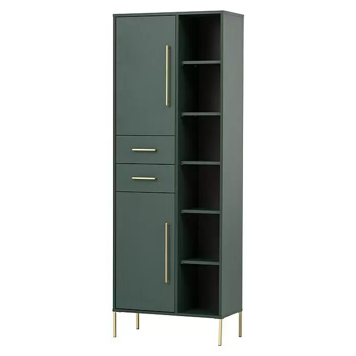 Schildmeyer Kent Hochschrank - 67,1 x 33,1 x 184,3 cm, Waldgrün, Matt - Dunkelgrüner Aufbewahrungsschrank mit goldenen Griffen und Beinen, mit Türen, Schubladen und offenen Fächern.