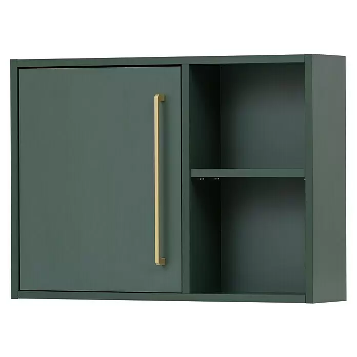 Schildmeyer Kent Oberschrank - 66,8 x 16 x 48,4 cm, Waldgrün, Matt - Dunkelgrüner Hängeschrank mit goldfarbenem Griff und zwei offenen Regalfächern.