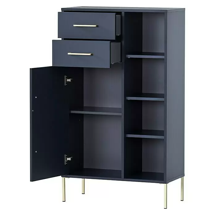 Schildmeyer Kent Highboard - 67,1 x 33,1 x 117,4 cm, Nachtblau - Dunkelgrau/blaues Sideboard mit goldenen Beinen/Griffen, 2 teils geöffneten Schubladen, offenen Fächern und einer offenen Tür.