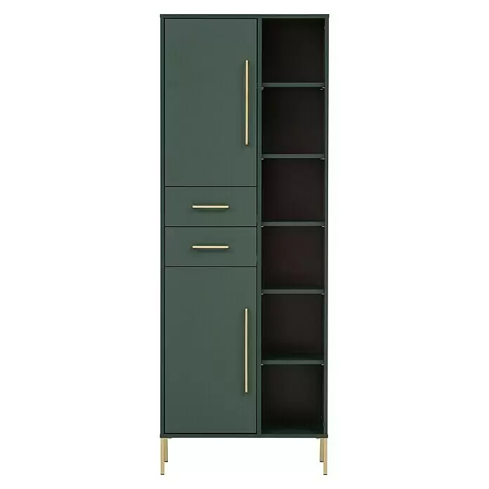 Schildmeyer Kent Hochschrank - 67,1 x 33,1 x 184,3 cm, Waldgrün, Matt - Dunkelgrüner Schrank mit goldfarbenen Griffen und Beinen, mit zwei Türen, zwei Schubladen und fünf offenen Fächern.