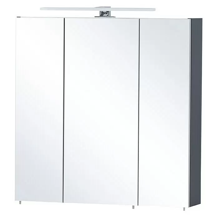 Schildmeyer Kent LED-Spiegelschrank - B x H: 70 x 74,8 cm, Nachtblau - Dreitüriger Spiegelschrank mit integrierter LED-Lichtleiste und dunkelgrauer Seitenwand.