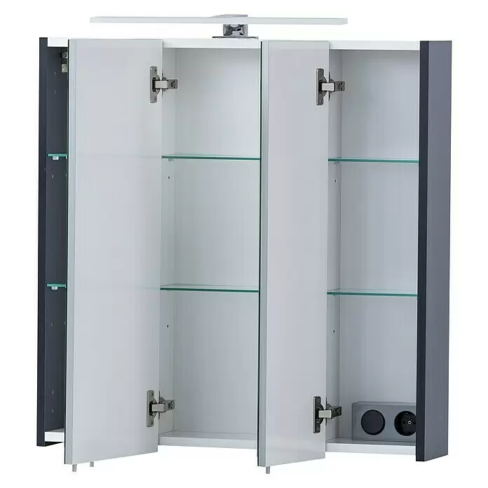 Schildmeyer Kent LED-Spiegelschrank - B x H: 70 x 74,8 cm, Nachtblau - Offener Badspiegelschrank mit zwei weißen Türen, dunkelgrauen Seitenpaneelen, Glasböden, integrierter Beleuchtung und Steckdose.