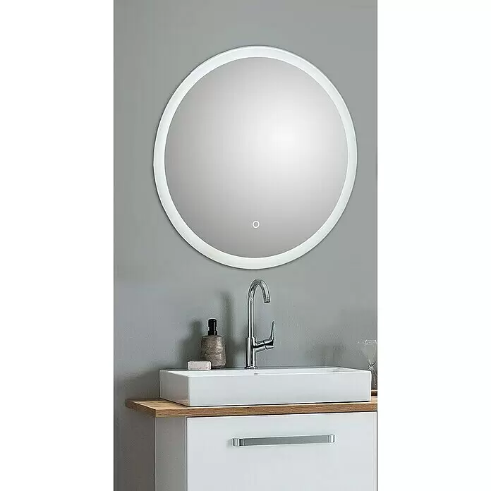 Schildmeyer Lichtspiegel Sun/Bjarne - Durchmesser: 60 cm, Schalter - Runder LED-beleuchteter Badspiegel über modernem Waschbecken und Waschtisch aus Holz.