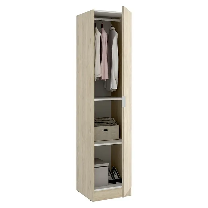 Dekit Armario para ropa Essen - L x An x Al: 52 x 41 x 184 cm, Natural - Un armario de madera con un compartimento de armario abierto donde se puede guardar ropa, una manta y zapatos.
