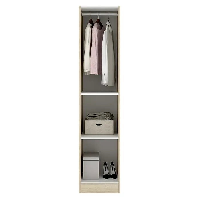 Dekit Armario para ropa Essen - L x An x Al: 52 x 41 x 184 cm, Natural - Un armario alto y estrecho con ropa en una barra, una caja con manta y zapatos en los estantes interiores.