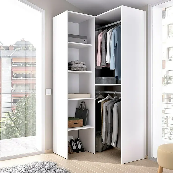 Dekit Armario para ropa Suit rinconero - L x An x Al: 88 x 80 x 185 cm, Blanco, Melamina - Elegante sistema de armario esquinero blanco con estanterías abiertas y barra de colgar, ideal para espacios modernos.