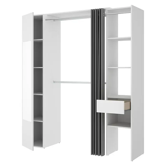 Dekit Armario para ropa Suit - L x An x Al: 52 x 177 x 205 cm, Blanco, Melamina - Elegante sistema de armario blanco con estantes abiertos, barra de ropa y cortina gris, ideal para dormitorios modernos.