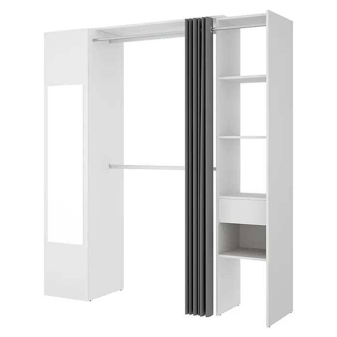 Dekit Armario para ropa Suit - L x An x Al: 52 x 177 x 205 cm, Blanco, Melamina - Esta imagen muestra un sistema de armario blanco moderno con puerta de espejo, estanterías abiertas y cortina gris. Solución de almacenamiento versátil.
