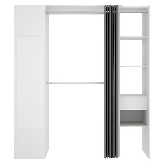 Dekit Armario para ropa Suit - L x An x Al: 52 x 177 x 205 cm, Blanco, Melamina - Sistema de armario modular blanco con estantes, cortina y barra para ropa. Almacenamiento práctico para dormitorio o vestidor.