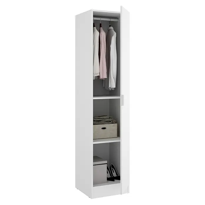 Dekit Armario para ropa Essen - L x An x Al: 52 x 41 x 184 cm, Blanco - Un armario blanco abierto con ropa, una caja y zapatos. Ofrece mucho espacio de almacenamiento y es un verdadero reclamo.