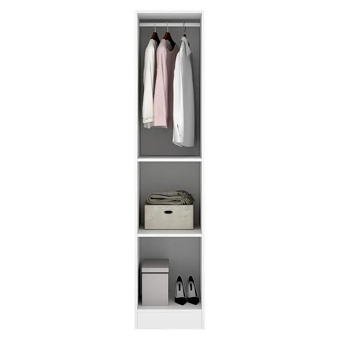 Dekit Armario para ropa Essen - L x An x Al: 52 x 41 x 184 cm, Blanco - Una toma interior de un armario blanco con ropa, una manta, un contenedor y tacones altos en tres estantes.