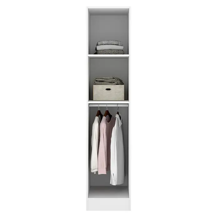 Dekit Armario para ropa Essen - L x An x Al: 52 x 41 x 184 cm, Blanco - Vista de un armario blanco con tres estantes, lleno de ropa, incluyendo camisas y suéteres en perchas.