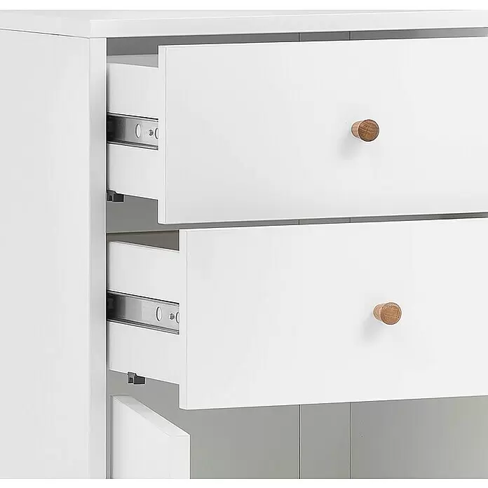 Schildmeyer Bjarne Highboard - B x T x H: 60,2 x 33,05 x 113,4 cm, Mattweiß - Zwei halb geöffnete weiße Schubladen mit runden Holzknöpfen, die Metallschienen zeigen.