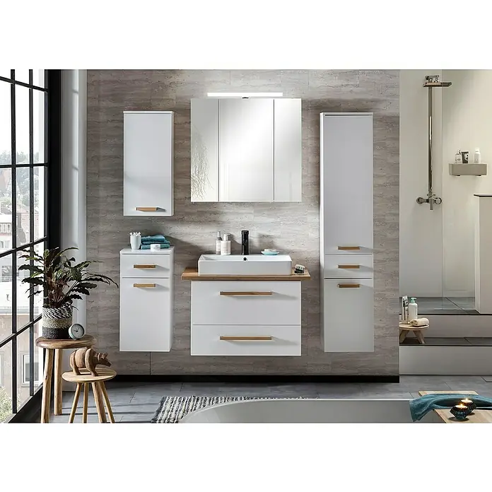 Schildmeyer Duo Oberschrank - 32,7 x 16,25 x 72,3 cm, Kreideweiß, Matt - Elegantes Badezimmer-Set mit Spiegelschrank, Waschbeckenunterschrank und Hochschränken in Weiß mit Holzgriffen für ein stilvolles Ambiente.