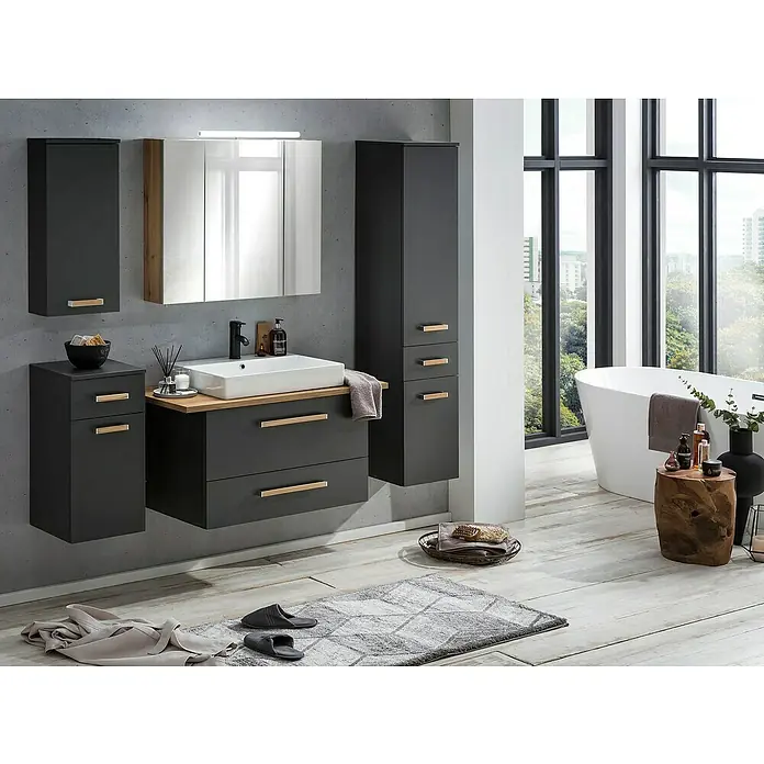 Schildmeyer Duo Badmöbel-Set - Gesamtbreite Badmöbel: 102,2 cm, Anthrazit/Eiche, Matt - Das moderne Badezimmer-Set mit Waschtisch, Spiegelschrank und Hochschrank in Anthrazit bietet stilvollen Stauraum.
