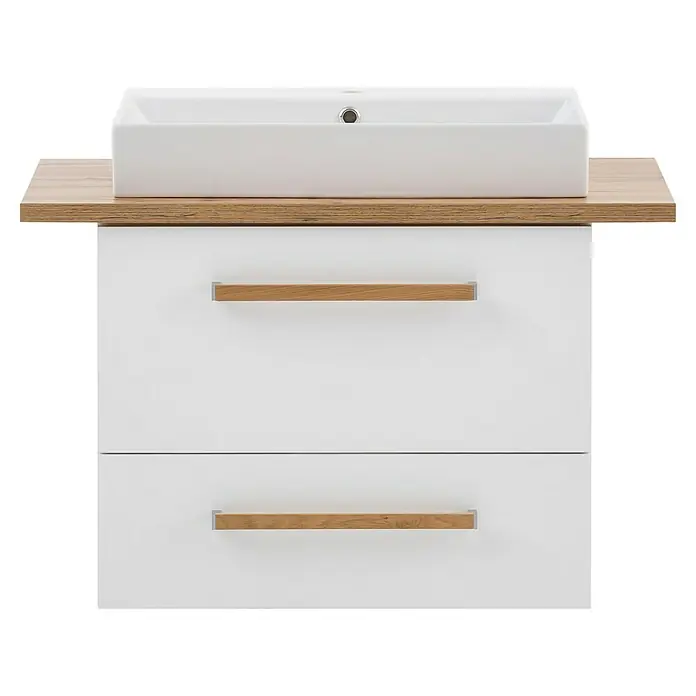 Schildmeyer Duo Badmöbel-Set - Gesamtbreite Badmöbel: 82,2 cm, Kreideweiß/Eiche, Matt - Ein moderner Waschbeckenunterschrank in Weiß mit Holzgriffen und einer hellen Holzplatte für ein stilvolles Badezimmerdesign.