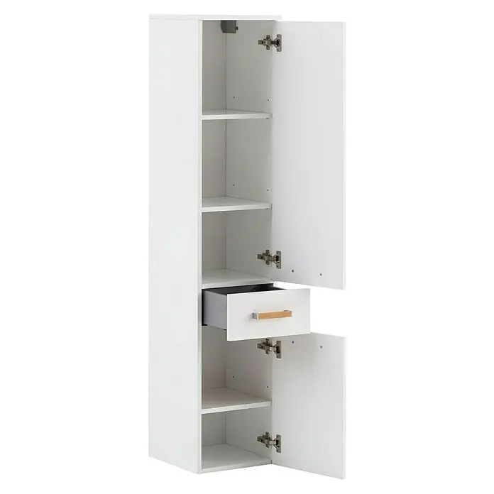 Schildmeyer Duo Hochschrank - 32,7 x 35,3 x 160,1 cm, Kreideweiß, Matt - Ein weißer Badezimmerschrank mit Regalen, einer Schublade und zwei offenen Türen, die den Stauraum zeigen.