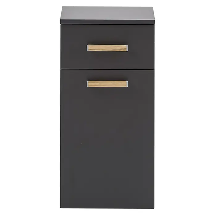 Schildmeyer Duo Unterschrank - 32,7 x 35,3 x 67 cm, Anthrazit, Matt - Dunkelgrauer Badezimmerschrank mit zwei Schubladen und hellen Holzgriffen. Praktische und stilvolle Badmöbel für mehr Ordnung.