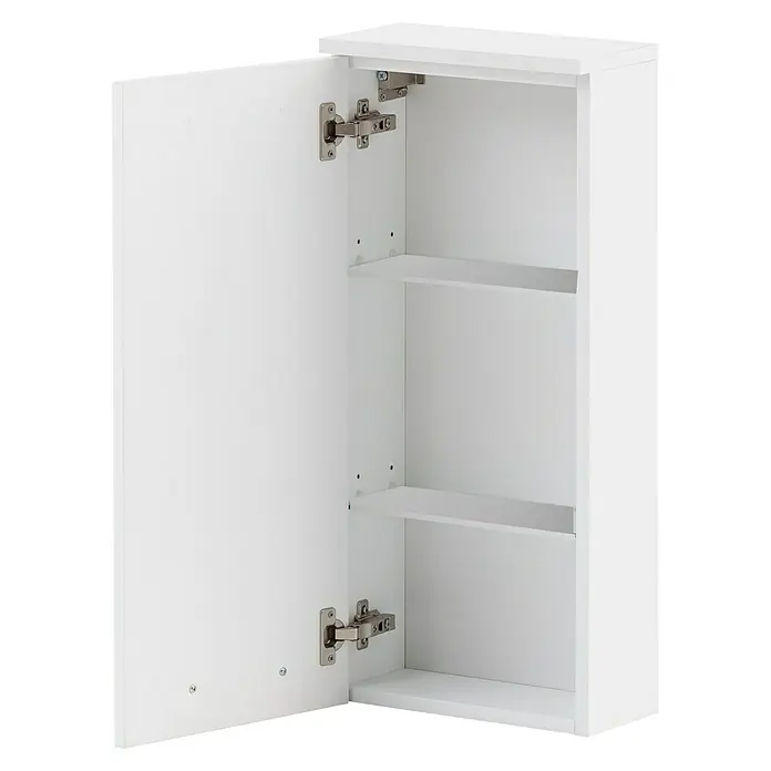 Schildmeyer Duo Oberschrank - 32,7 x 16,25 x 72,3 cm, Kreideweiß, Matt - Weißer Badezimmerschrank mit geöffneter Tür, zwei Regalböden und glänzender Oberfläche. Ideal für die Aufbewahrung von Badutensilien.