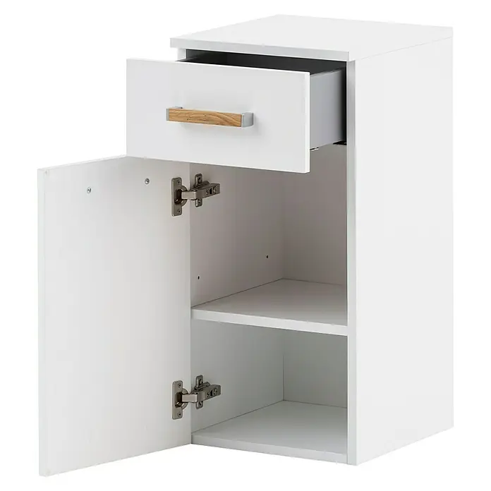 Schildmeyer Duo Unterschrank - 32,7 x 35,3 x 67 cm, Kreideweiß, Matt - Ein weißer Hängeschrank mit offener Tür, einem Schubfach und einem Holzgriff. Er bietet Stauraum und ist eine praktische Ergänzung für jedes Bad.