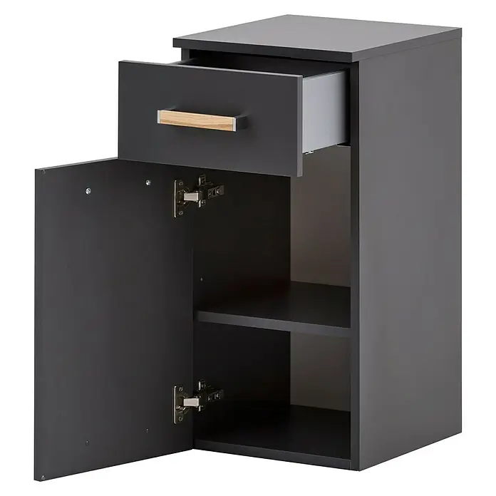 Schildmeyer Duo Unterschrank - 32,7 x 35,3 x 67 cm, Anthrazit, Matt - Dunkelgrauer Badezimmerschrank mit offener Schublade, Tür und zwei Regalen. Eleganter und praktischer Badezimmerschrank.