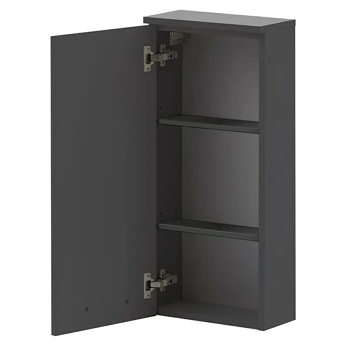 Schildmeyer Duo Oberschrank - 32,7 x 16,25 x 72,3 cm, Anthrazit, Matt - Dieser graue Badezimmerschrank mit zwei Regalböden bietet viel Stauraum für Badutensilien. Die Tür ist geöffnet und zeigt die Inneneinteilung.