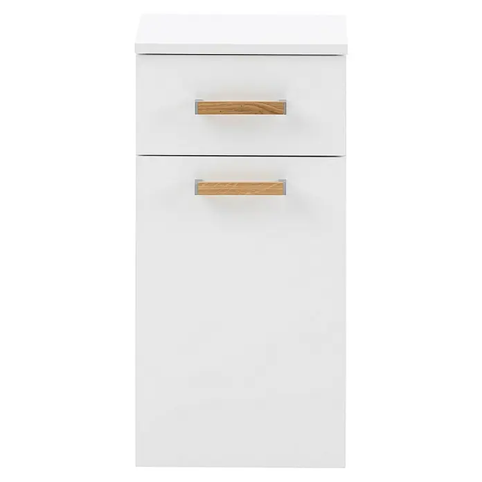 Schildmeyer Duo Unterschrank - 32,7 x 35,3 x 67 cm, Kreideweiß, Matt - Weißer Badezimmerschrank mit zwei Schubladen und Griffen aus hellem Holz und silbernen Akzenten für ein modernes Erscheinungsbild.