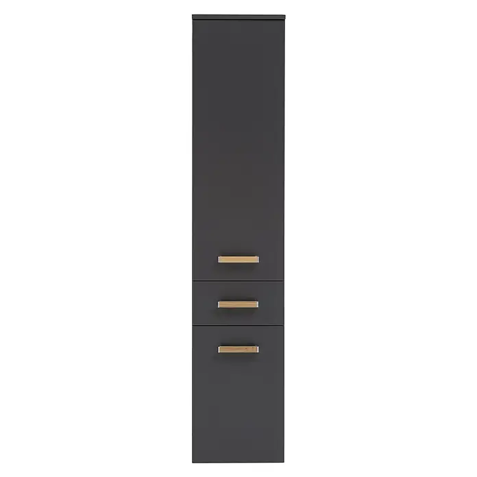 Schildmeyer Duo Hochschrank - 32,7 x 35,3 x 160,1 cm, Anthrazit, Matt - Elegantes hohes Badmöbel in Anthrazit mit minimalistischen Holzgriffen, ideal für moderne Badezimmerdesigns und zusätzlichen Stauraum.