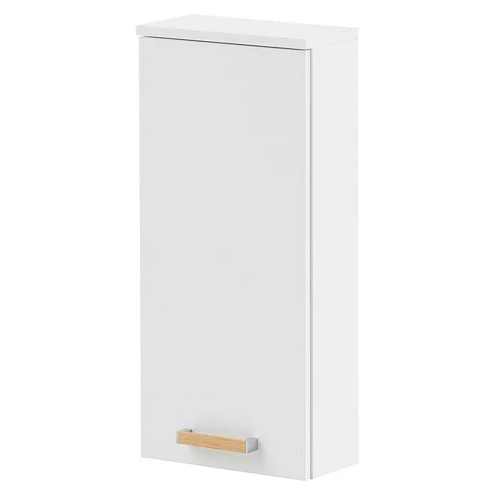 Schildmeyer Duo Oberschrank - 32,7 x 16,25 x 72,3 cm, Kreideweiß, Matt - Ein hochformatiger Badezimmerschrank in Weiß mit einem hölzernen Griff, der eine saubere und moderne Ästhetik bietet.