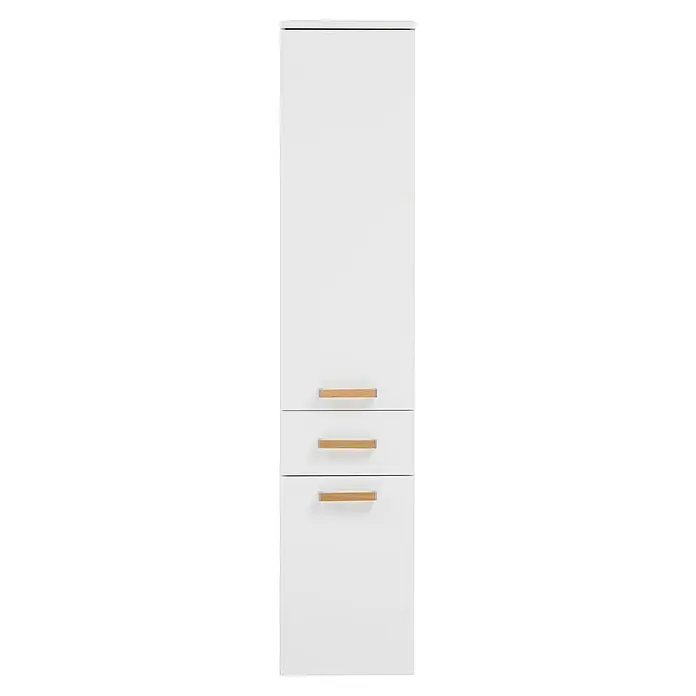 Schildmeyer Duo Hochschrank - 32,7 x 35,3 x 160,1 cm, Kreideweiß, Matt - Ein weißer Badezimmerschrank mit drei Schubladen und hölzernen Griffen, perfekt für die Aufbewahrung von Badutensilien und Handtüchern.