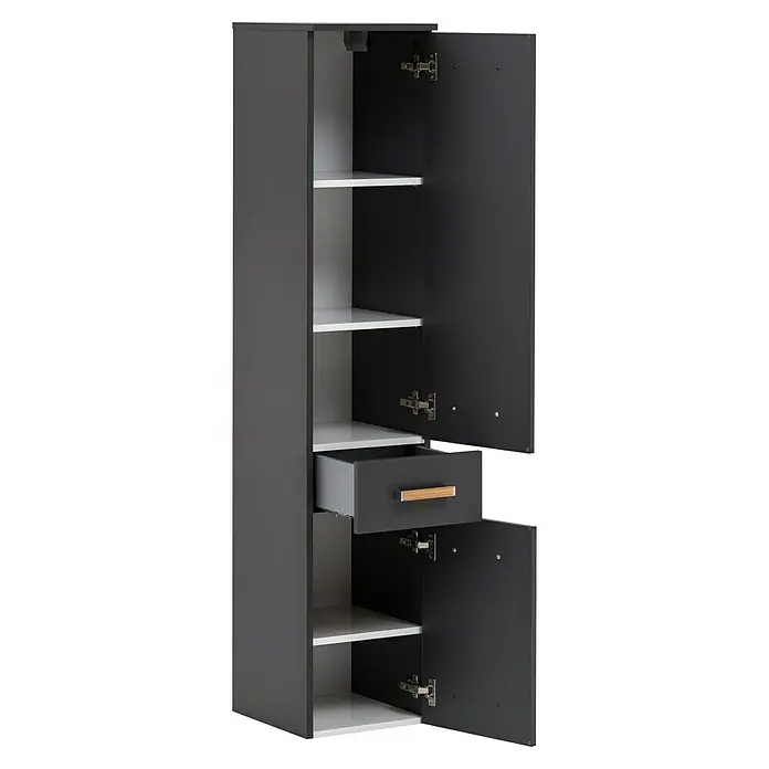 Schildmeyer Duo Hochschrank - 32,7 x 35,3 x 160,1 cm, Anthrazit, Matt - Ein offener, schmaler Hochschrank in Anthrazit mit weißen Regalen und einer Schublade mit Holzgriff. Viel Stauraum im modernen Design.