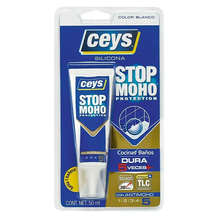 Ceys Silicona para sanitarios y cocinas Stop Moho - Incoloro, 50 ml - Ceys Stop Moho Silicona, Blanco, tubo de 50 ml. Ideal para cocinas y baños, protege contra el moho, de secado rápido y duradero.