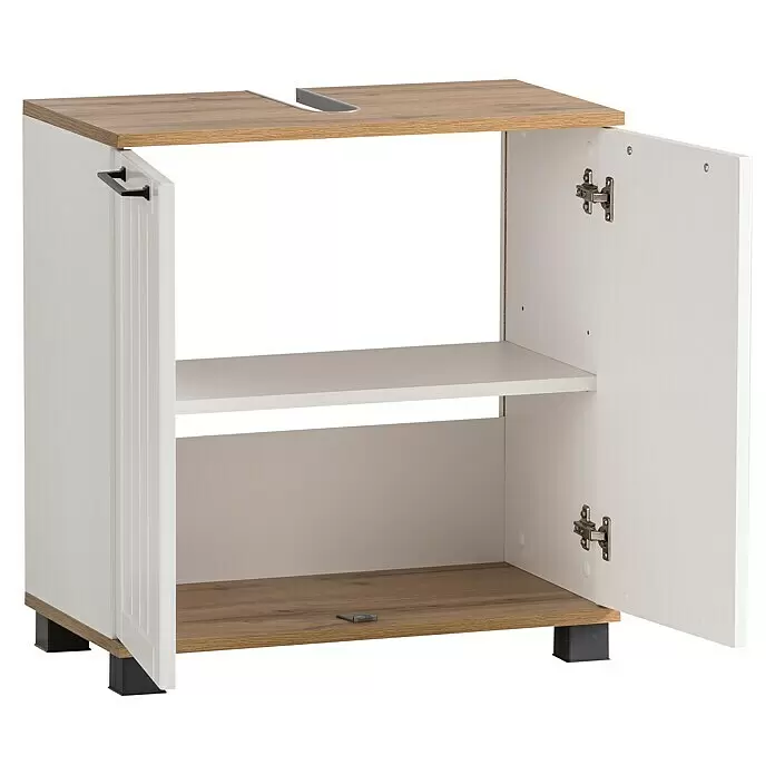 Schildmeyer Jelda Waschtischunterschrank - 59,8 x 32,6 x 62,4 cm, Weiß/Eiche - Weißer Badunterschrank mit Holzoptik-Platte, Waschtischausschnitt, zwei Türen (eine offen) und Ablage.