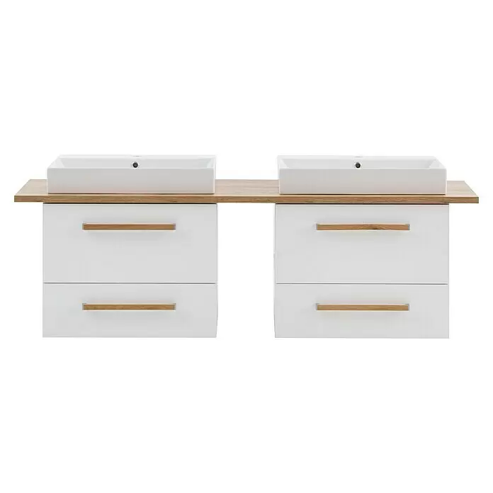 Schildmeyer Duo Badmöbel-Set - Gesamtbreite Badmöbel: 165,2 cm, Kreideweiß/Eiche, Matt - Doppelwaschtisch mit zwei weißen Rechteckbecken, Holzplatte und weißen Unterschränken mit Holzgriffen.