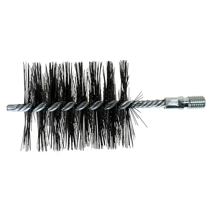 Stahldrahtbürstenkopf - Durchmesser: 160 mm, Geeignet für: Reinigung von Ofenrohren - Abbildung einer Bürste mit schwarzen Borsten und einem Metallgriff, die für Reinigungsarbeiten geeignet ist.