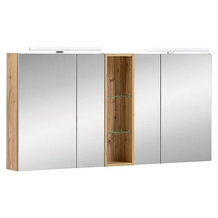 Schildmeyer Duo LED-Spiegelschrank Karla - B x H: 140 x 75 cm, Spanplatte, Eiche-Landhaus - Spiegelschrank aus Holz mit drei Spiegeltüren, zentralem offenem Stauraum mit Glasböden und oberen Lichtern.