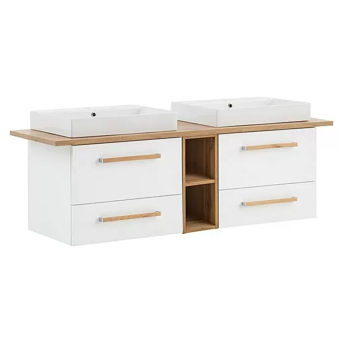 Schildmeyer Duo Badmöbel-Set - Gesamtbreite Badmöbel: 165,2 cm, Kreideweiß/Eiche, Matt - Weißer Doppelwaschtisch mit zwei rechteckigen Waschbecken, heller Holzplatte und passenden Griffen, mit Schubladen und offenen Regalen.