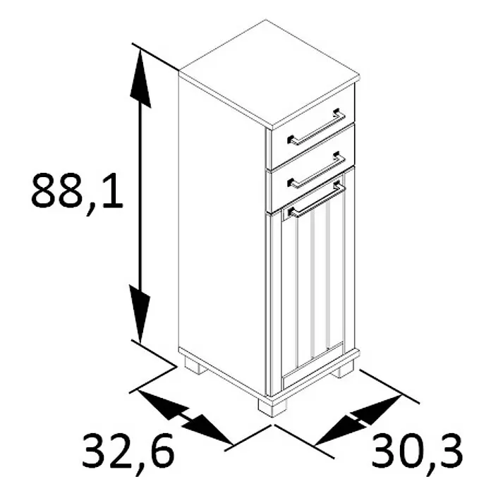 Schildmeyer Jelda Unterschrank - 30,3 x 32,6 x 88,1 cm, Platingrau/Eiche, Matt - Technische Zeichnung eines schmalen Schranks mit zwei Schubladen und einer Tür, Maße 88,1 x 32,6 x 30,3 cm.