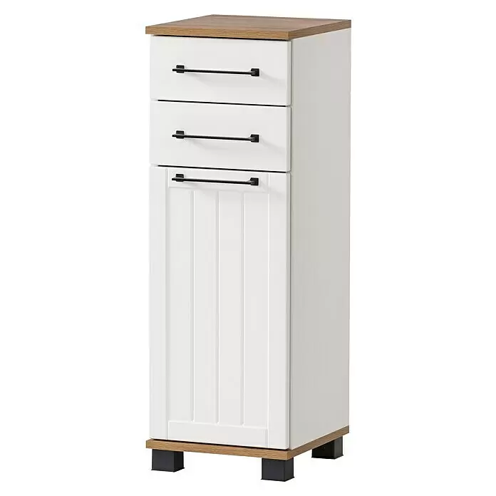 Schildmeyer Jelda Unterschrank - 30,3 x 32,6 x 88,1 cm, Weiß/Eiche - Weißer Schrank mit Holzoptik-Oberplatte/-Sockel, schwarzen Griffen/Füßen, zwei Schubladen und einer Paneeltür.