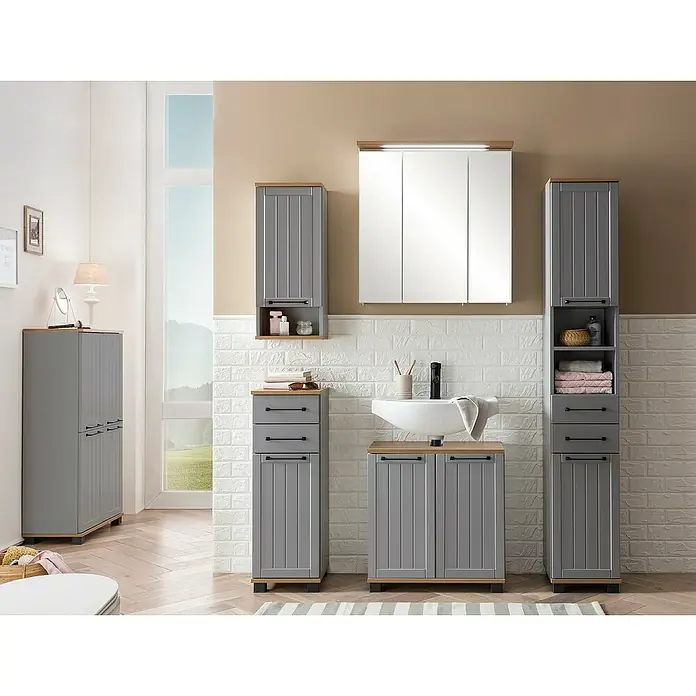 Schildmeyer LED-Spiegelschrank Jelda/Padua - B x H: 70,5 x 72,3 cm, Spanplatte, Platingrau/Eiche-Landhaus - Badezimmer-Möbelset in Grau mit Holzdetails, bestehend aus Schränken, Waschbeckenunterschrank und Spiegelschrank für ein stilvolles Bad.