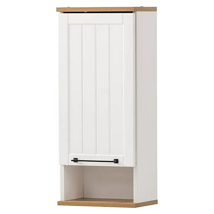 Schildmeyer Jelda Oberschrank - 30,3 x 20,5 x 70,8 cm, Weiß/Eiche - Weißer Wandschrank mit Holzakzenten, Einzeltür, schwarzem Griff und offenem Fach.