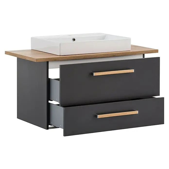Schildmeyer Duo Badmöbel-Set - Gesamtbreite Badmöbel: 102,2 cm, Anthrazit/Eiche, Matt - Waschtischunterschrank mit zwei offenen Schubladen, Keramikwaschbecken und Holzplatte für Badezimmer.