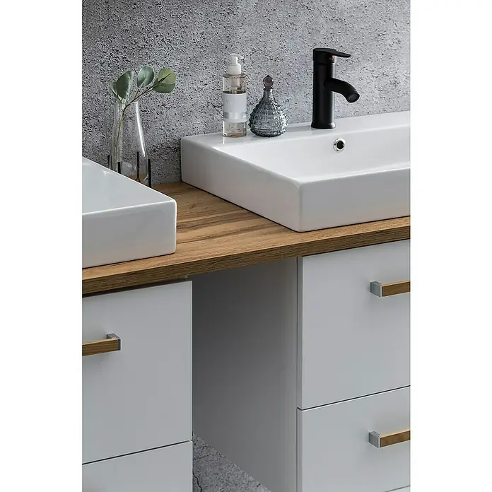 Schildmeyer Duo Badmöbel-Set - Gesamtbreite Badmöbel: 165,2 cm, Kreideweiß/Eiche, Matt - Badezimmer-Waschtisch mit zwei Aufsatzwaschbecken, Armatur und Ablagefläche, ideal für moderne Badezimmerdesigns.