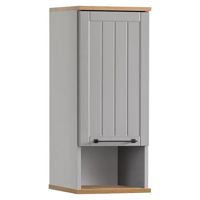 Schildmeyer Jelda Oberschrank - 30,3 x 20,5 x 70,8 cm, Platingrau/Eiche, Matt - Grauer Hochschrank mit Holzober- und -unterseite, gerillter Tür mit schwarzem Griff und offenem Fach.