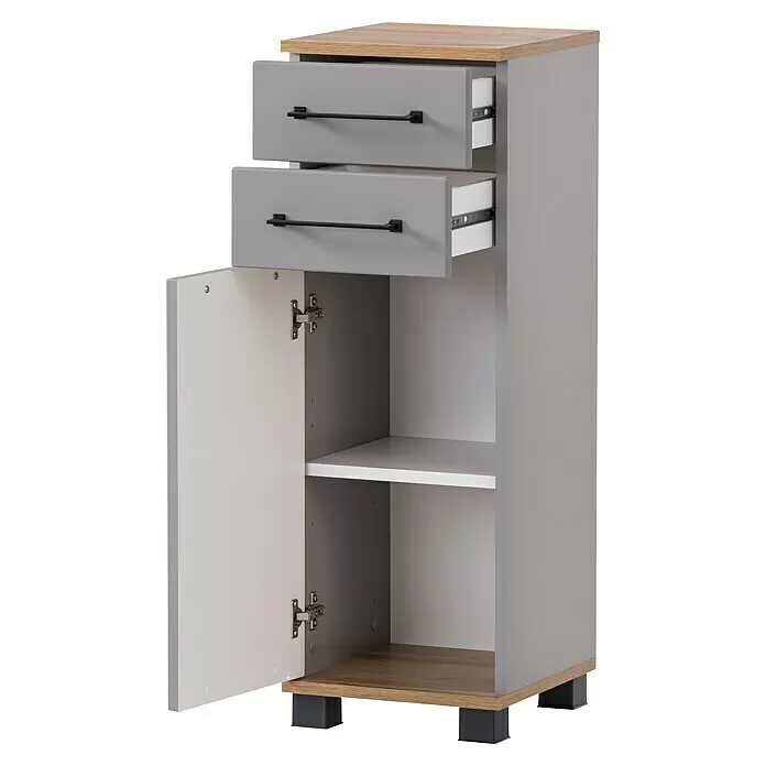 Schildmeyer Jelda Unterschrank - 30,3 x 32,6 x 88,1 cm, Platingrau/Eiche, Matt - Hoher grauer Schrank mit Holzplatte und -sockel, zwei leicht geöffneten grauen Schubladen mit schwarzen Griffen und offener Tür mit weißem Fach.